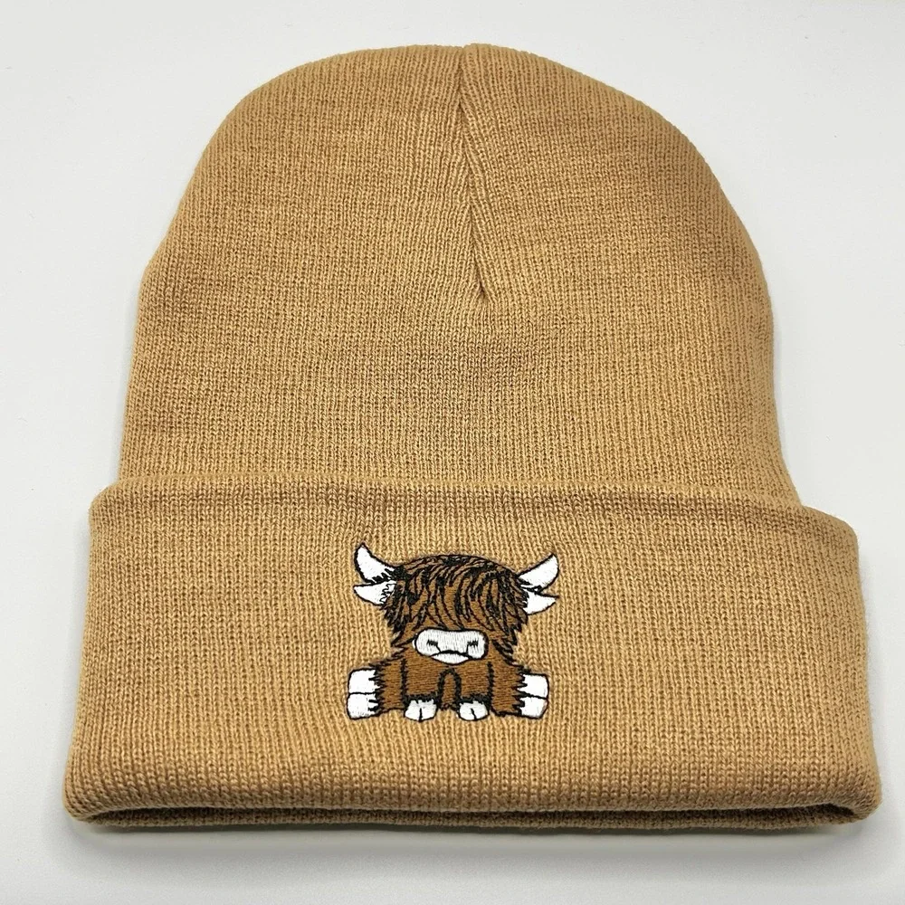 Highland Cow Cattle Cartoon Animal Beanie Hat Cap Knit Cuff Brown Outdoors